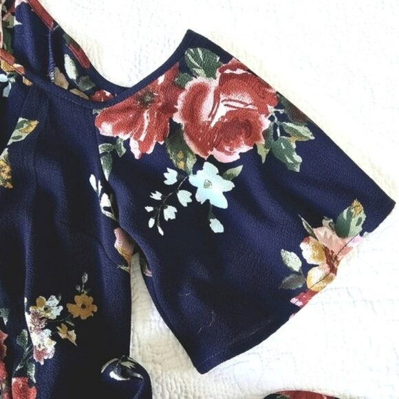Women’s Navy Blue Floral Cold Shoulder Wrap Mini Dress Tie Waist Size Medium - Picture 13 of 16